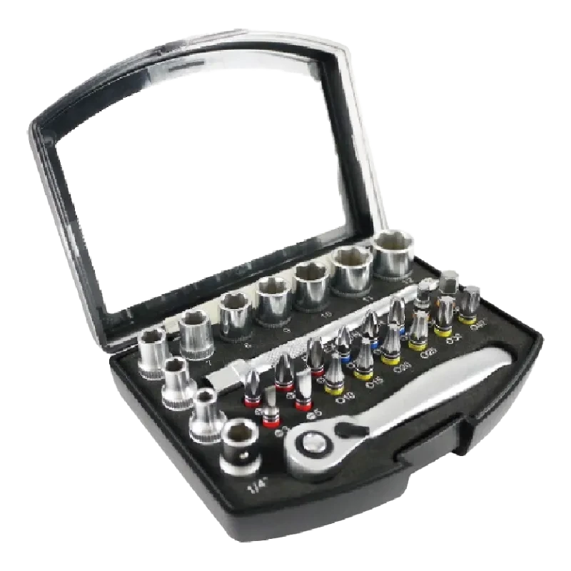 28pcs 1/4"Dr. Socket & Color Ring Bit Set With Ratchet Handle